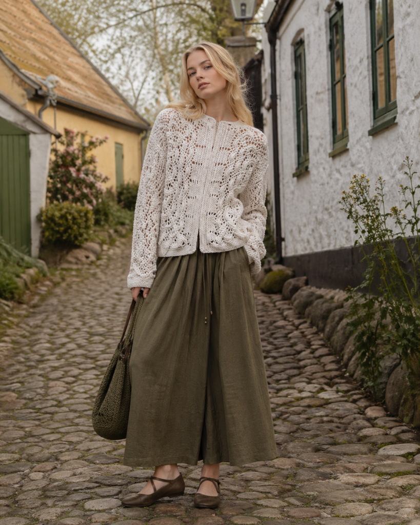 Editorial village-style photo of white knitted cardigan with olive skirt