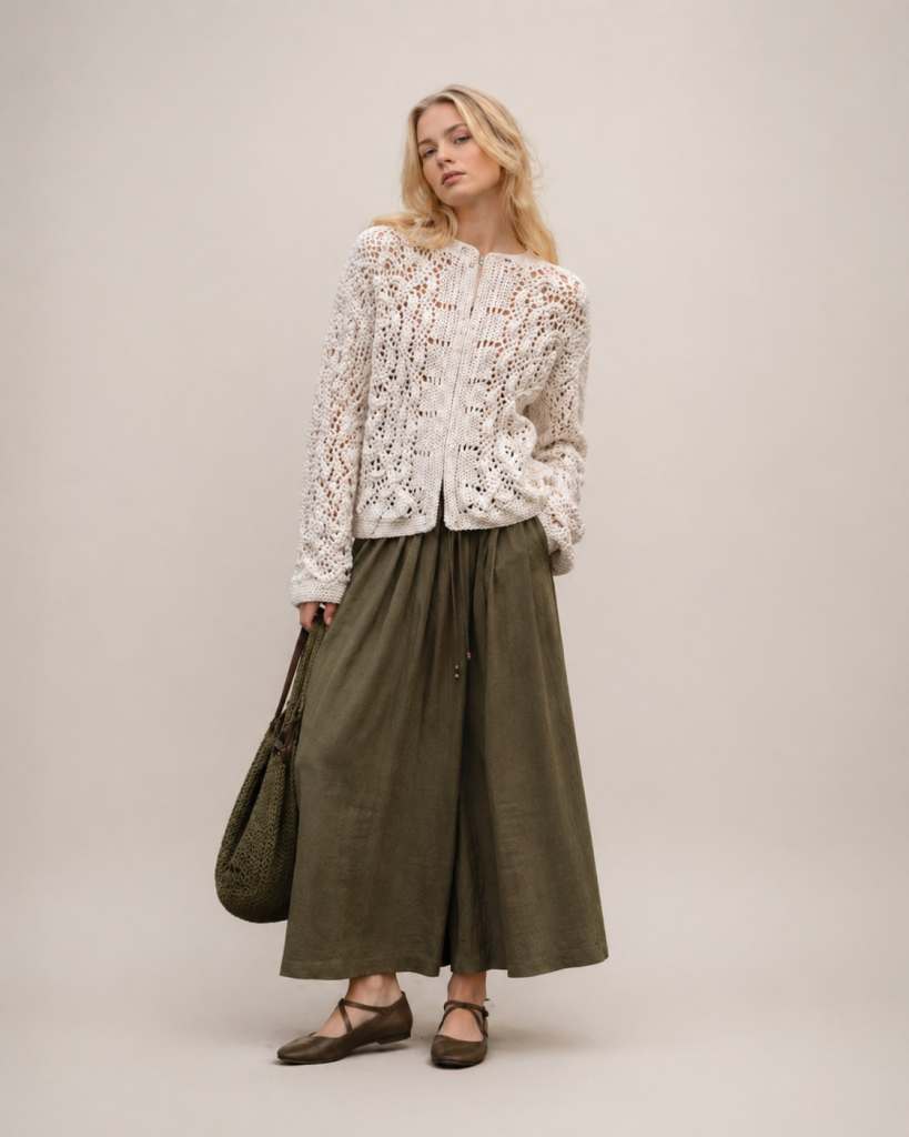 Clean studio photo of model wearing white knitted cardigan and olive skirt