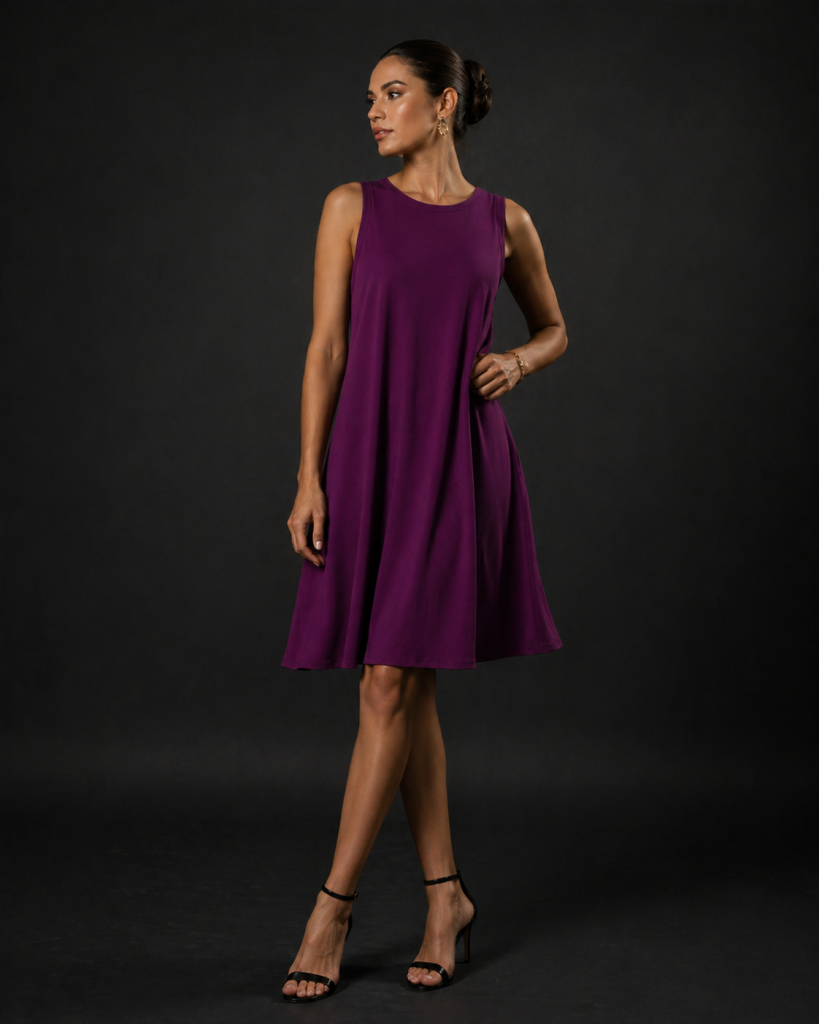 Studio portrait of model wearing purple sleeveless dress