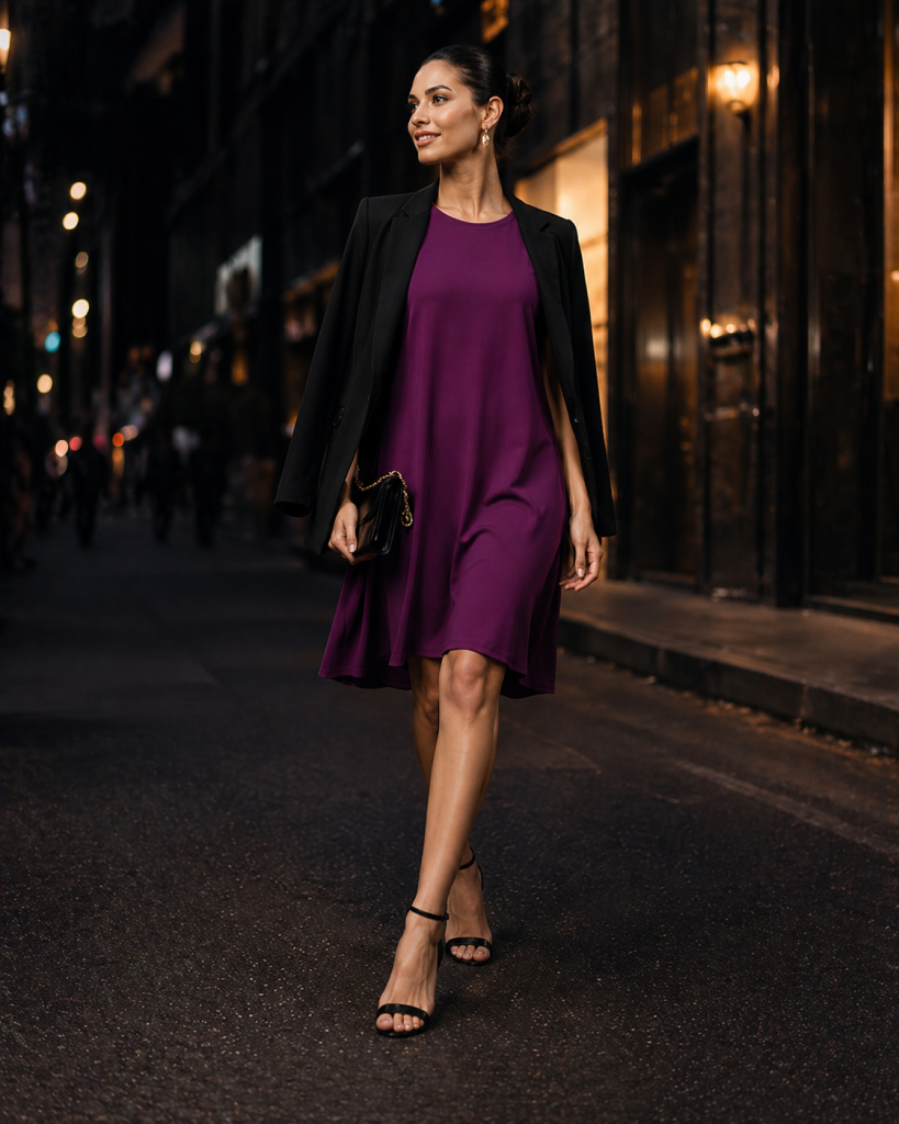 Evening walking shot of model wearing purple dress with blazer