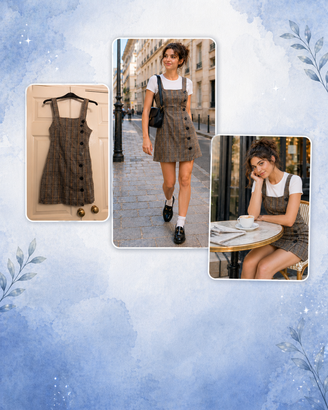 AI product photography example showing one dress transformed into five fashion photoshoot images
